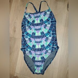 Speedo Women's 1 Piece PowerFlex Relay Back Swimsuit in Blue Mosaic  Maze 12